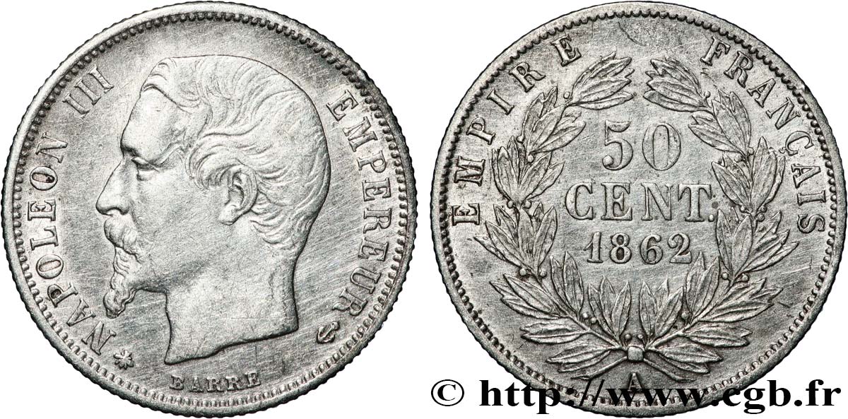 50 centimes Napoléon III, tête nue 1862 Paris F.187/16 AU 