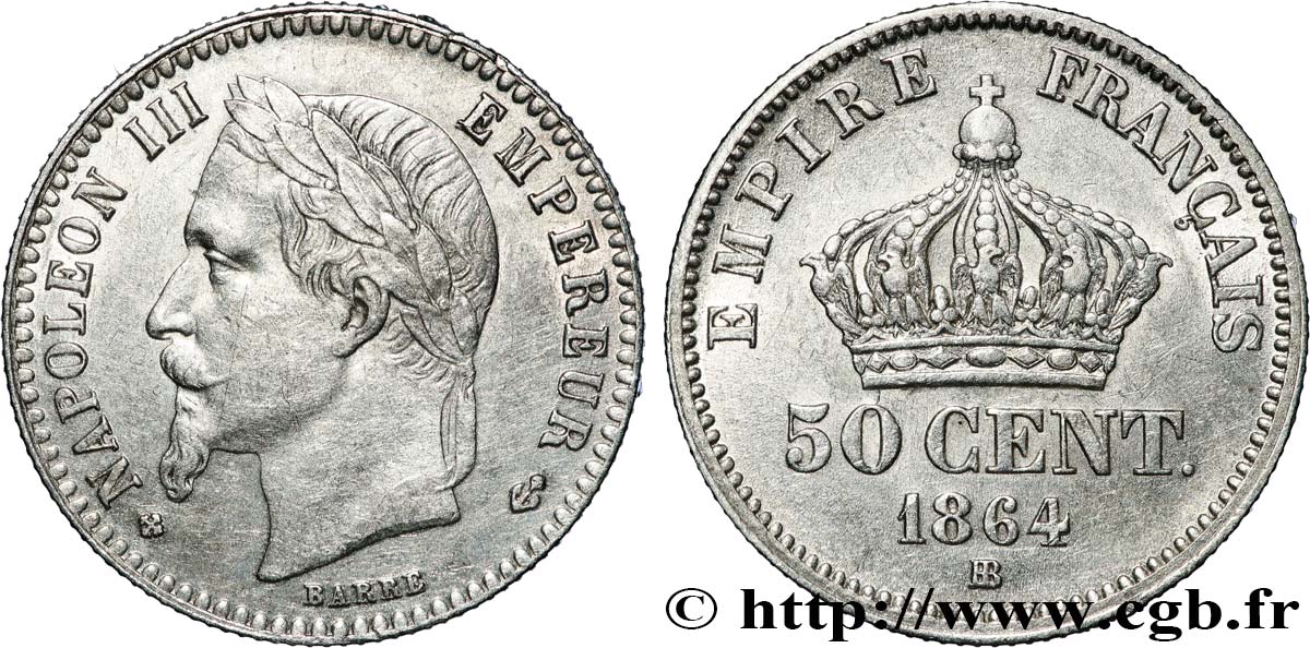 50 centimes Napoléon III, tête laurée 1864 Strasbourg F.188/3 AU53 