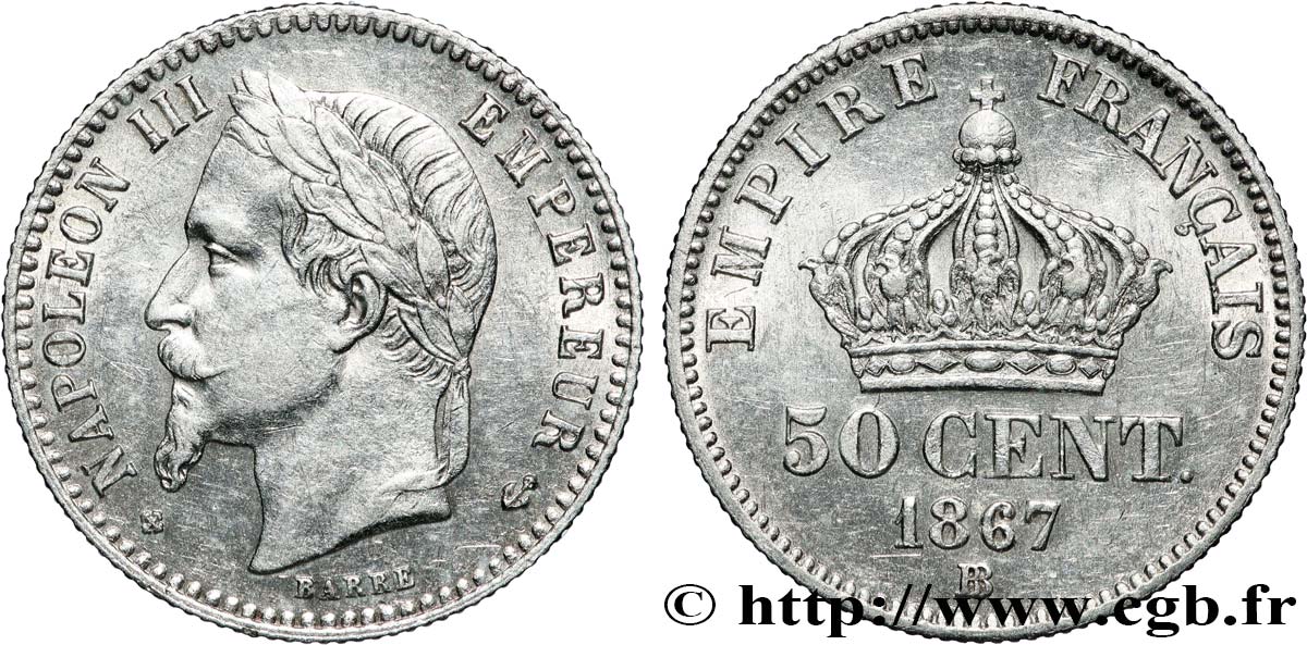 50 centimes Napoléon III, tête laurée 1867 Strasbourg F.188/16 q.SPL 