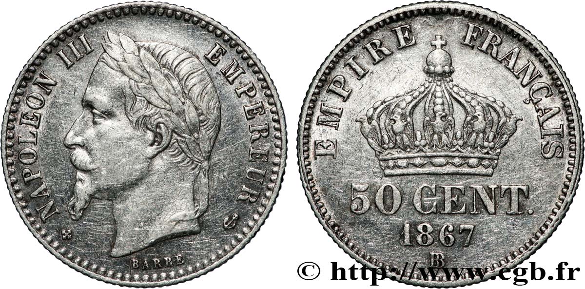 50 centimes Napoléon III, tête laurée 1867 Strasbourg F.188/16 TTB 