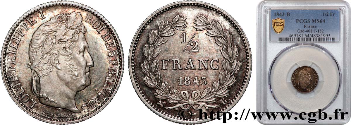 1/2 franc Louis-Philippe 1843 Rouen F.182/100 SPL64 PCGS