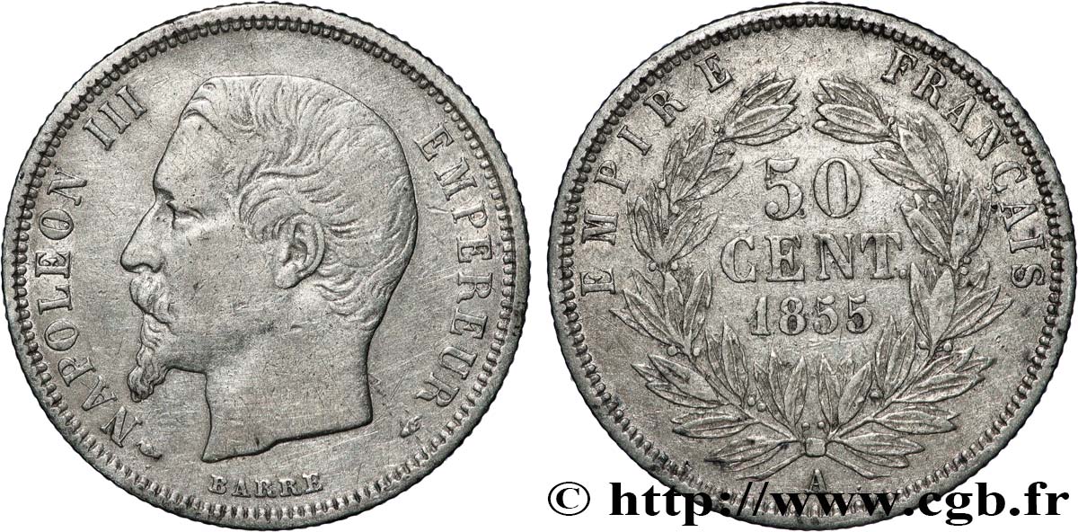 50 centimes Napoléon III, tête nue 1855 Paris F.187/3 XF40 