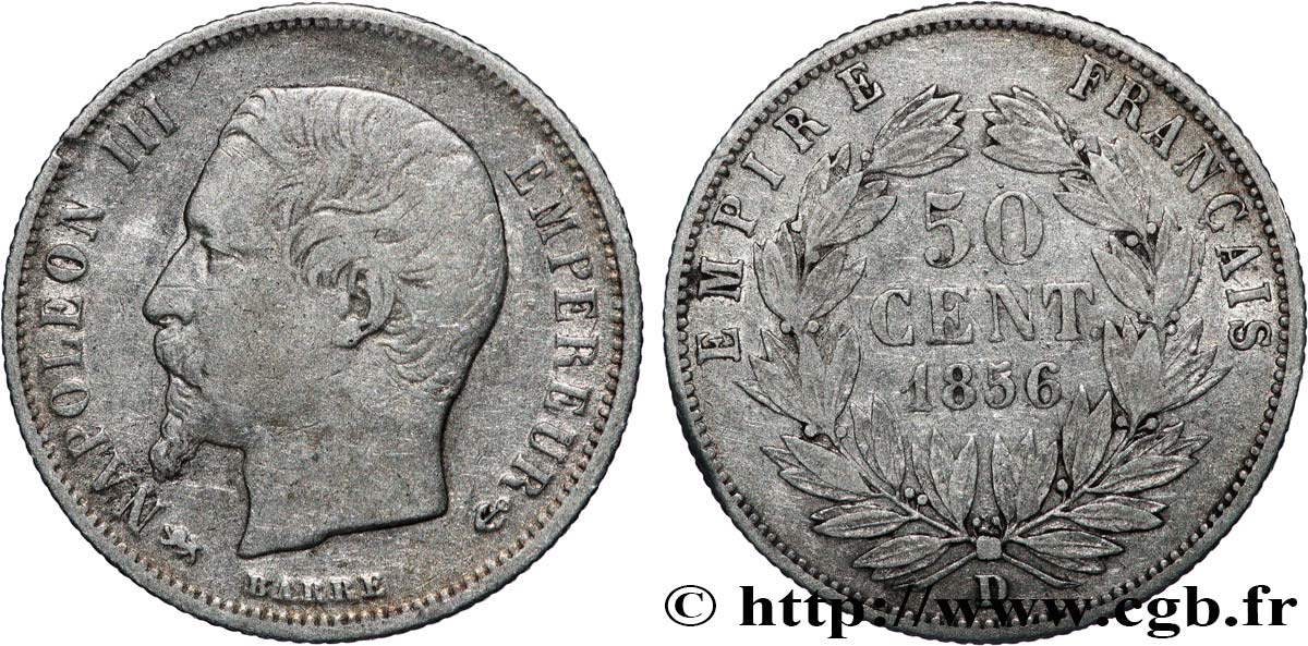 50 centimes Napoléon III, tête nue 1856 Lyon F.187/7 TB30 