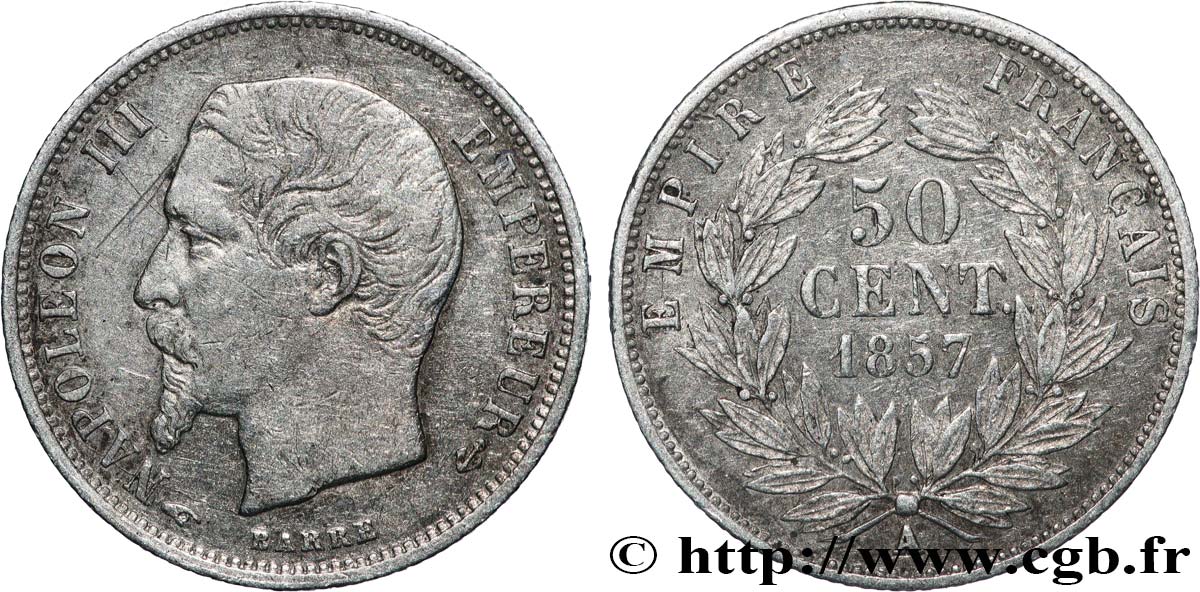 50 centimes Napoléon III, tête nue 1857 Paris F.187/8 SS 