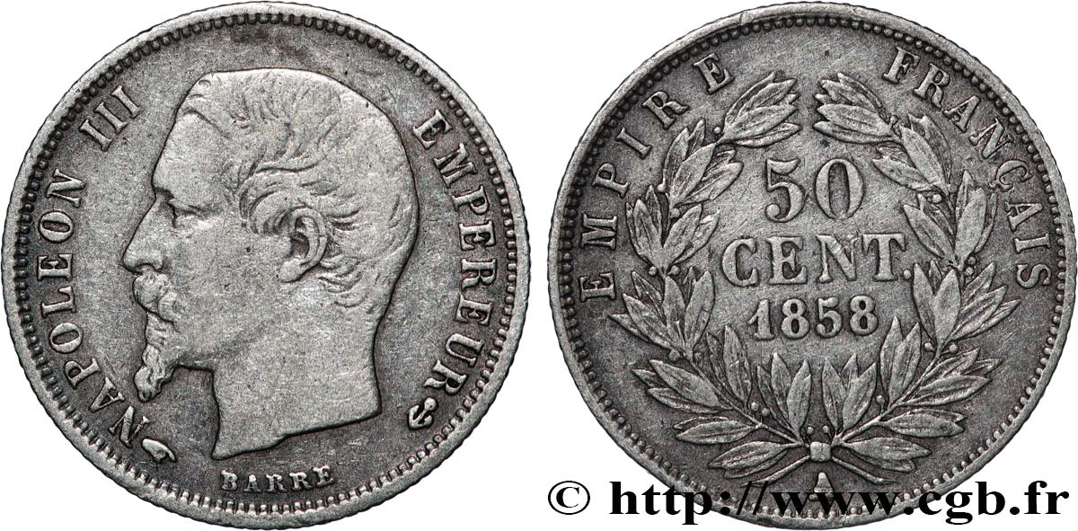 50 centimes Napoléon III, tête nue 1858 Paris F.187/9 S35 