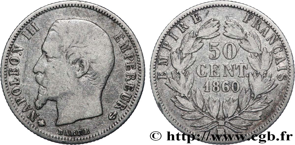 50 centimes Napoléon III, tête nue 1860 Strasbourg F.187/14 VF20 