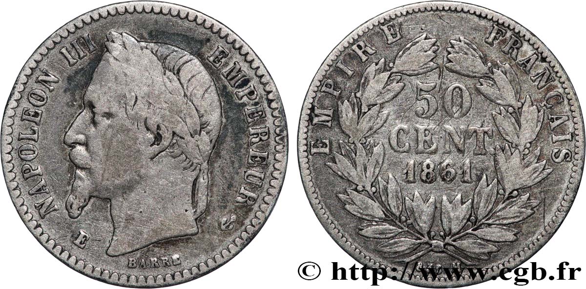 ESSAI 835 M de 50 centimes Napoléon III, tête laurée 1861  Maz.1681  q.MB 