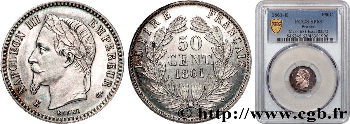 ESSAI 835 M de 50 centimes Napoléon III, tête laurée 1861  Maz.1681  MS63 PCGS