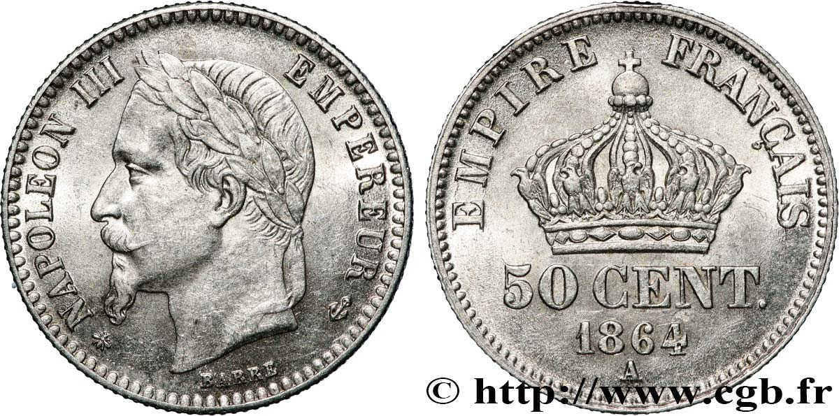 50 centimes Napoléon III, tête laurée 1864 Paris F.188/2 SUP60 