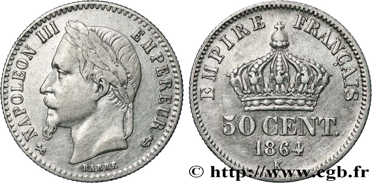 50 centimes Napoléon III, tête laurée 1864 Bordeaux F.188/4 BB 