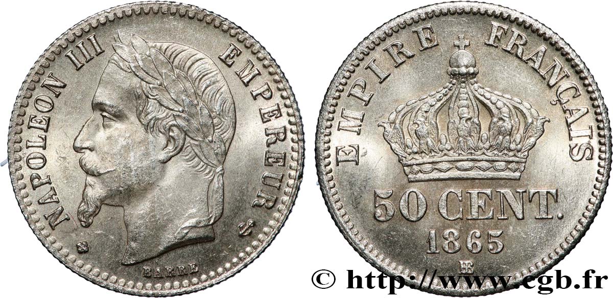 50 centimes Napoléon III, tête laurée 1865 Strasbourg F.188/7 SPL62 