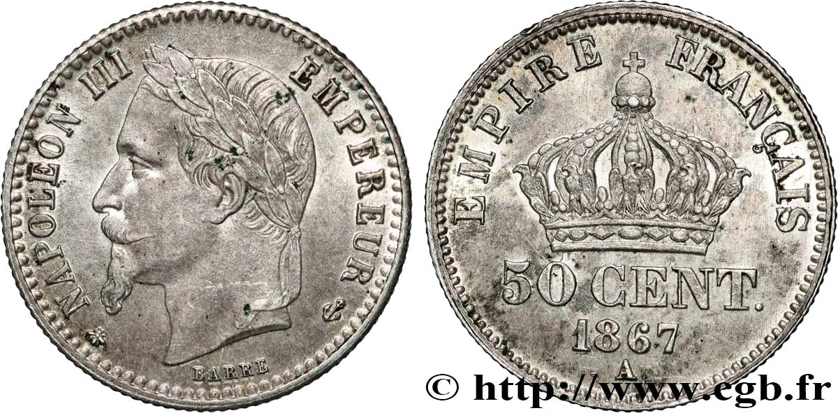 50 centimes Napoléon III, tête laurée 1867 Paris F.188/13 AU55 