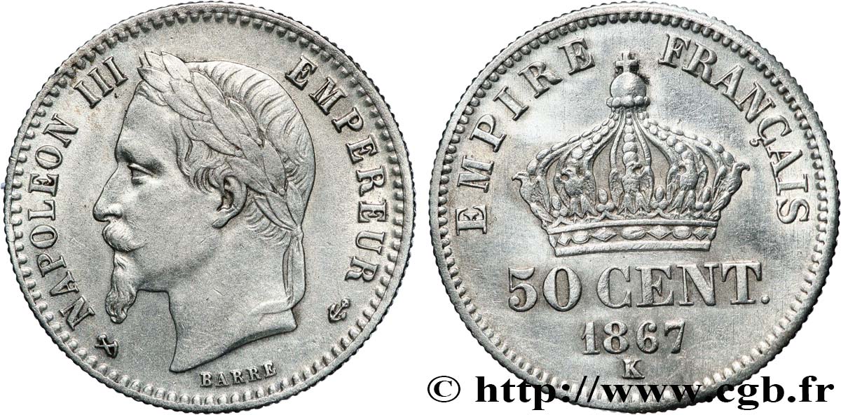 50 centimes Napoléon III, tête laurée 1867 Bordeaux F.188/17 TTB+ 