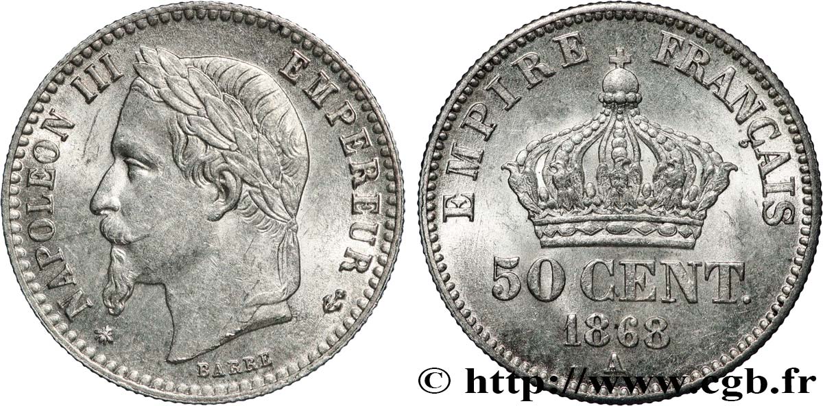50 centimes Napoléon III, tête laurée 1868 Paris F.188/20 EBC58 