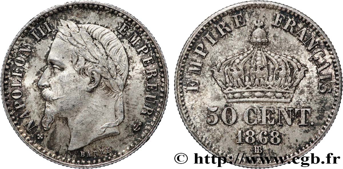 50 centimes Napoléon III, tête laurée 1868 Strasbourg F.188/21 AU58 