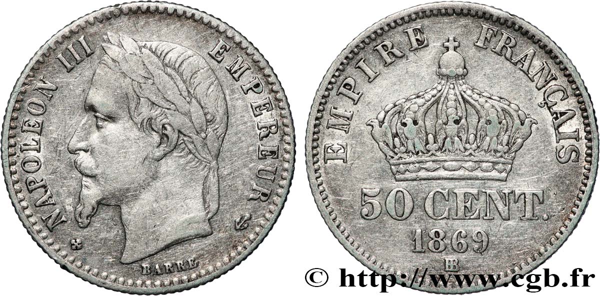 50 centimes Napoléon III, tête laurée 1869 Strasbourg F.188/23 TB+ 