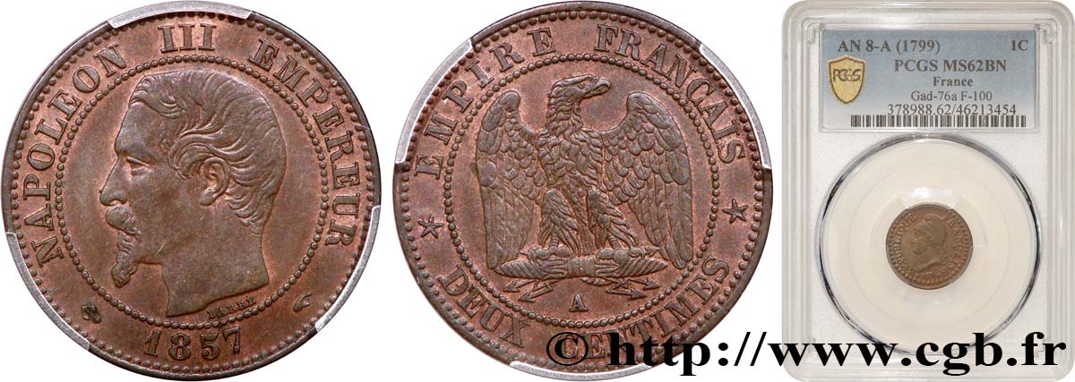 Deux centimes Napoléon III, tête nue 1857 Paris F.107/44 fST63 PCGS