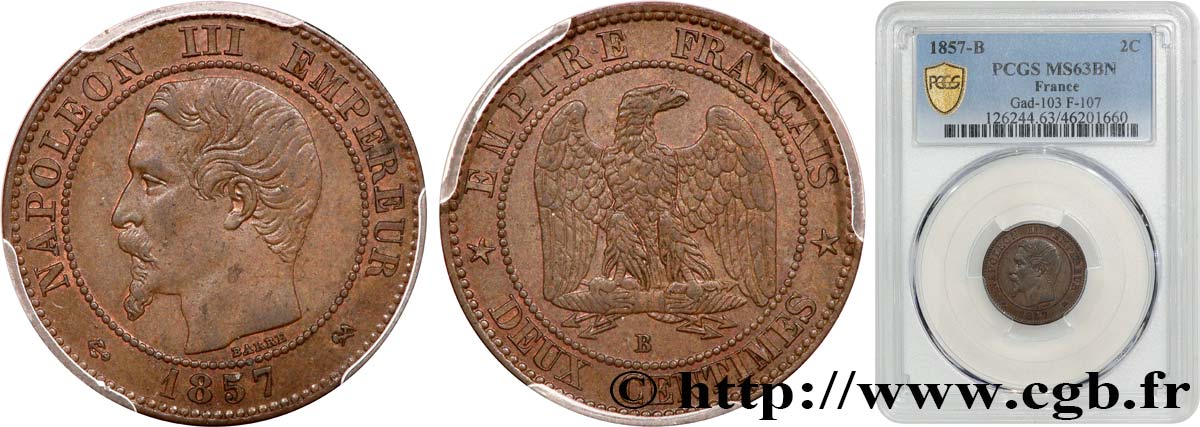 Deux centimes Napoléon III, tête nue 1857 Rouen F.107/45 MS63 PCGS