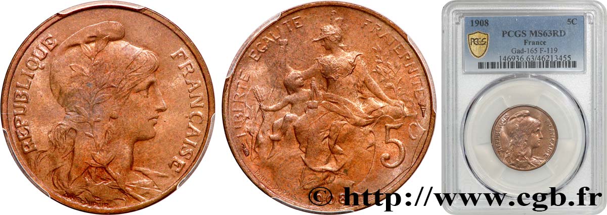 5 centimes Daniel-Dupuis 1908  F.119/19 fST63 PCGS