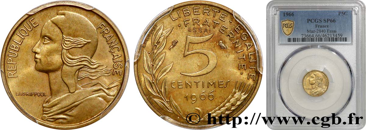 Essai de 5 centimes Marianne 1966 Paris F.125/1 MS66 PCGS