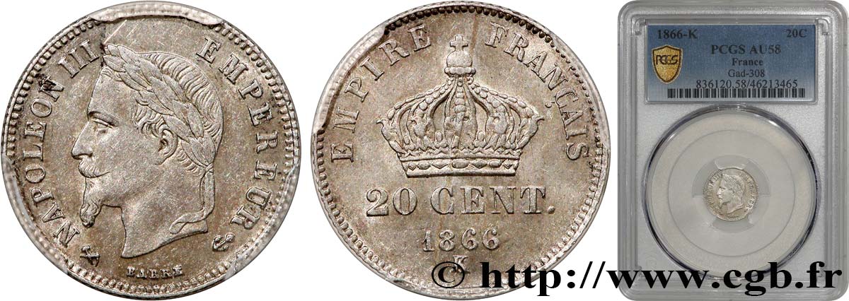 20 centimes Napoléon III, tête laurée, petit module 1866 Bordeaux F.149/6 EBC58 PCGS