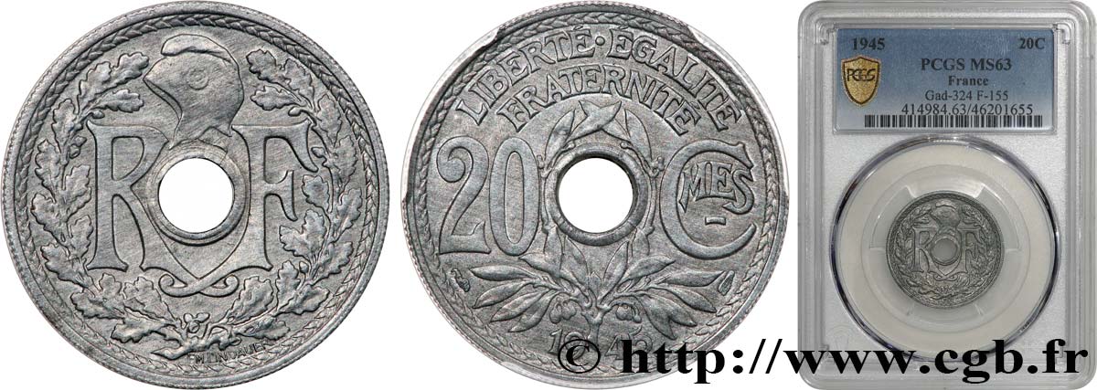 20 centimes Lindauer 1945  F.155/2 SPL63 PCGS