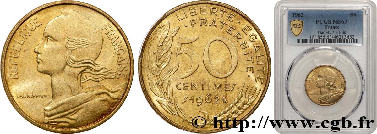 50 centimes Marianne, col à trois plis 1962 Paris F.197/2 MS63 PCGS