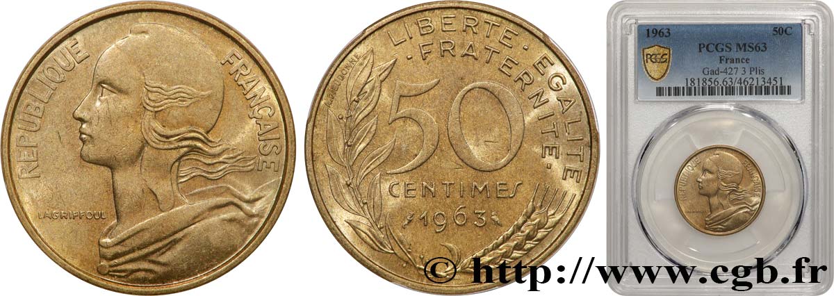 50 centimes Marianne, col à trois plis 1963 Paris F.197/4 SPL63 PCGS