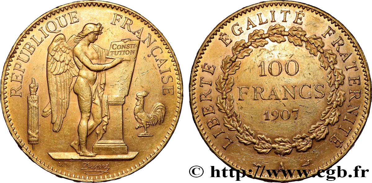 100 francs or Génie, tranche inscrite en relief Liberté Égalité Fraternité 1907 Paris F.553/1 AU 