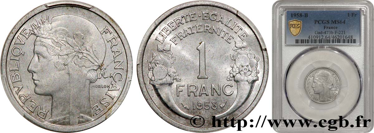 1 franc Morlon, légère 1958 Beaumont-Le-Roger F.221/22 fST64 PCGS