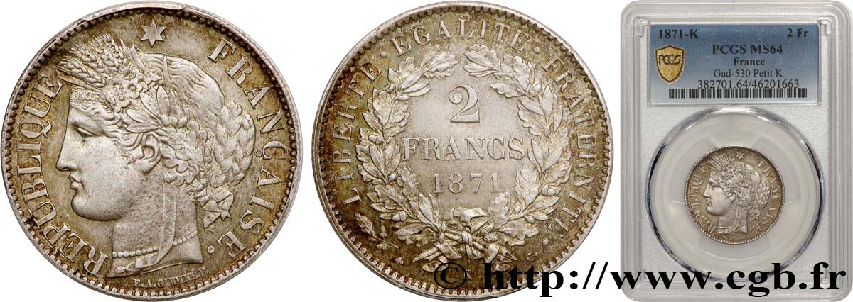 2 francs Cérès, avec légende 1871 Bordeaux F.265/7 SPL64 PCGS