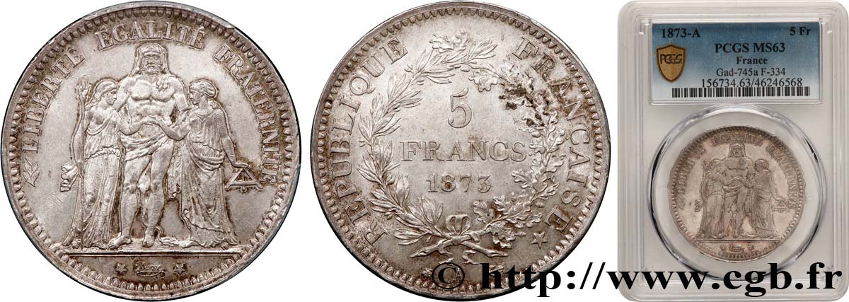 5 francs Hercule 1873 Paris F.334/9 MS63 PCGS