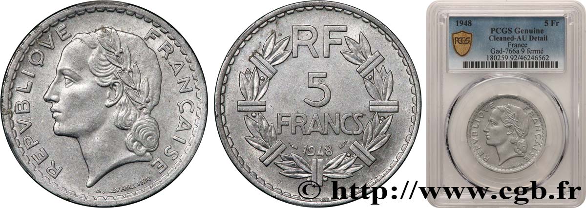 5 francs Lavrillier, aluminium, 9 fermé 1948  F.339/14 AU PCGS