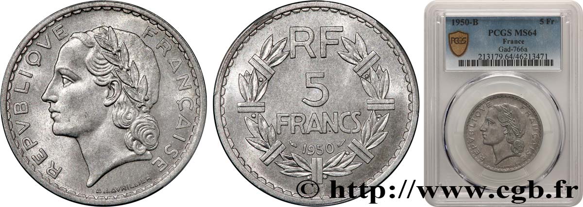 5 francs Lavrillier, aluminium 1950 Beaumont-Le-Roger F.339/21 SPL64 PCGS