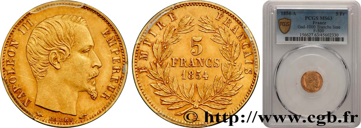 5 francs or Napoléon III, tête nue, petit module, tranche lisse 1854 Paris F.500/1 SC63 PCGS