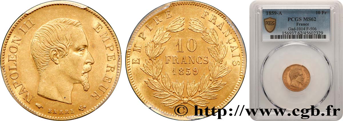 10 francs or Napoléon III, tête nue 1859 Paris F.506/7 SPL62 PCGS
