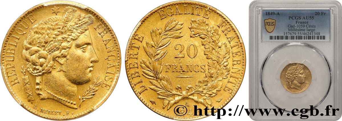 20 francs or Cérès 1849 Paris F.529/1 AU55 PCGS