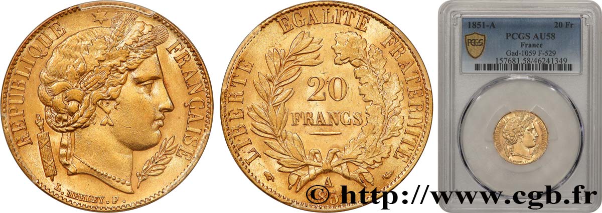 20 francs or Cérès 1851 Paris F.529/4 AU58 PCGS