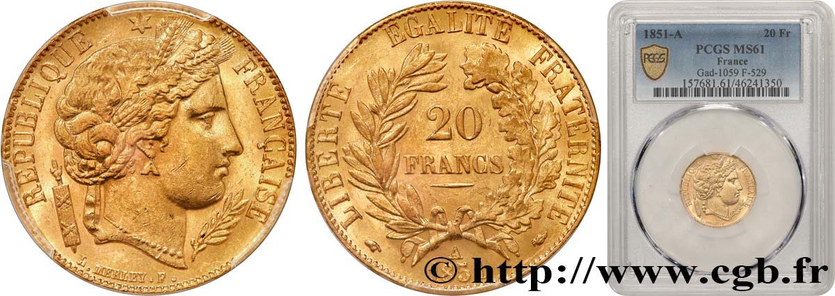 20 francs or Cérès 1851 Paris F.529/4 SPL61 PCGS