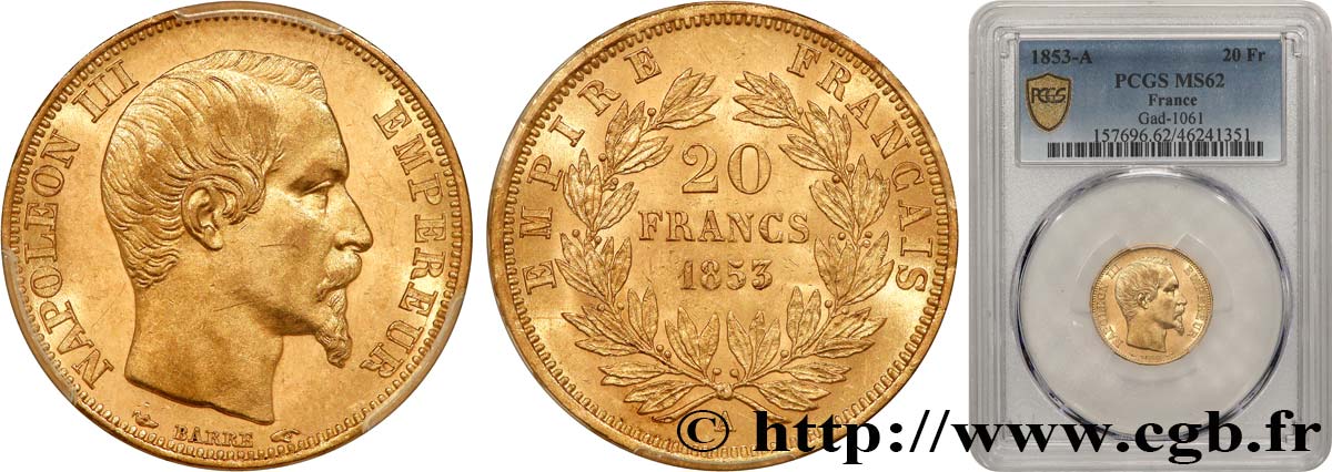 20 francs or Napoléon III, tête nue 1853 Paris F.531/1 MS62 PCGS