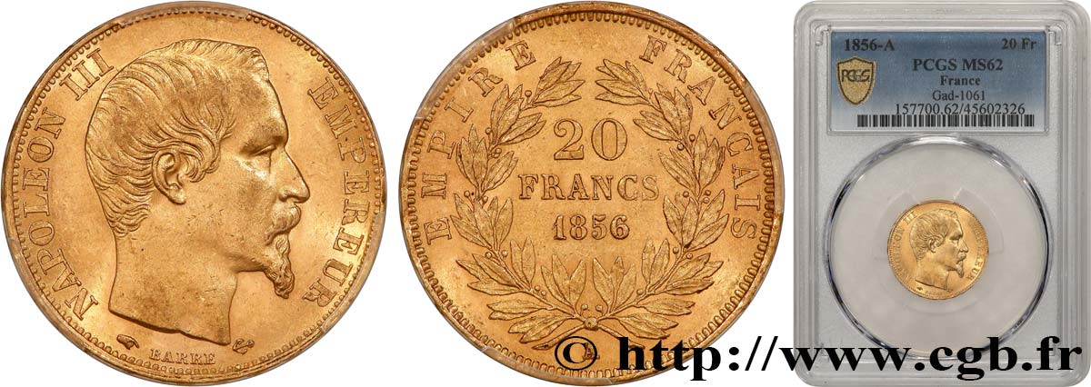 20 francs or Napoléon III, tête nue 1856 Paris F.531/9 EBC62 PCGS