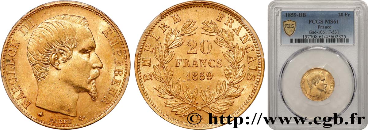 20 francs or Napoléon III, tête nue 1859 Strasbourg F.531/16 VZ61 PCGS