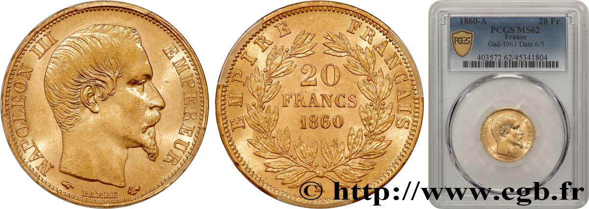 20 francs or Napoléon III, tête nue 1860 Paris F.531/17 SPL62 PCGS