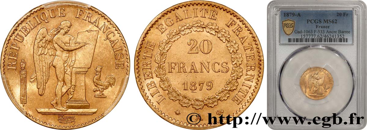 20 francs génie, Troisième république 1879 Paris F.533/8 MS62 PCGS