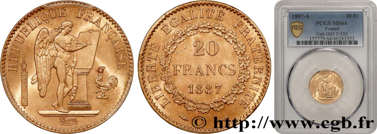 20 francs or Génie, Troisième République 1887 Paris F.533/10 MS64 PCGS