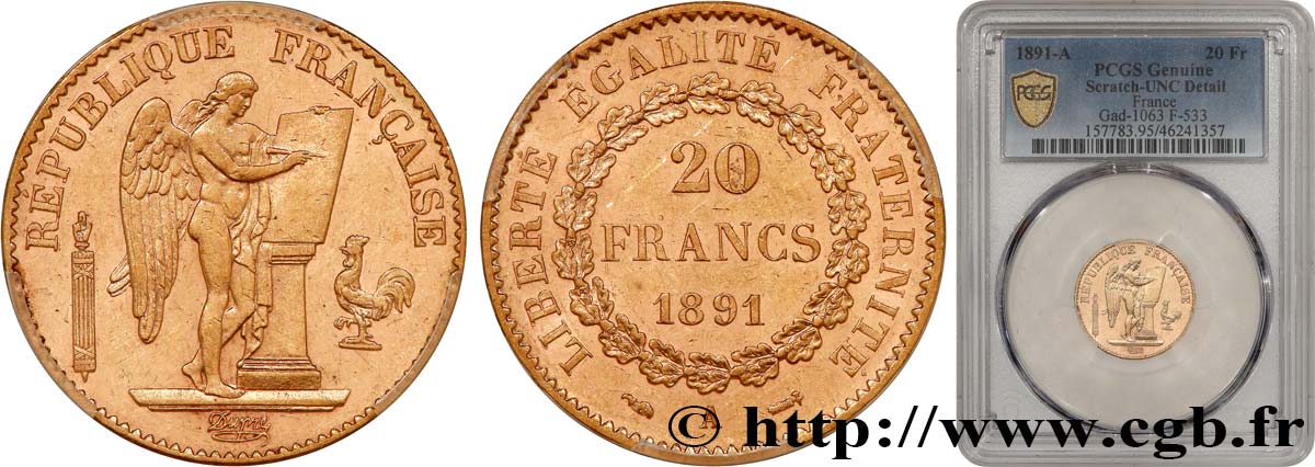 20 francs or Génie, IIIe République 1891 Paris F.533/15 MS PCGS