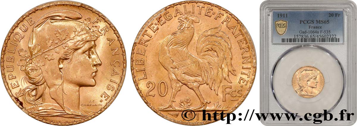 20 francs or Coq, Liberté Égalité Fraternité 1911 Paris F.535/5 FDC65 PCGS