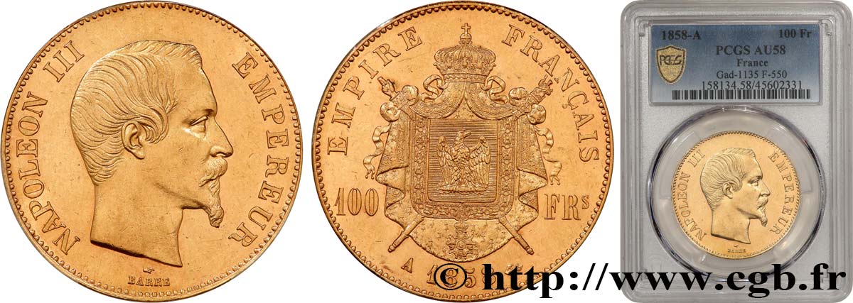 100 francs or Napoléon III, tête nue 1858 Paris F.550/5 EBC58 PCGS