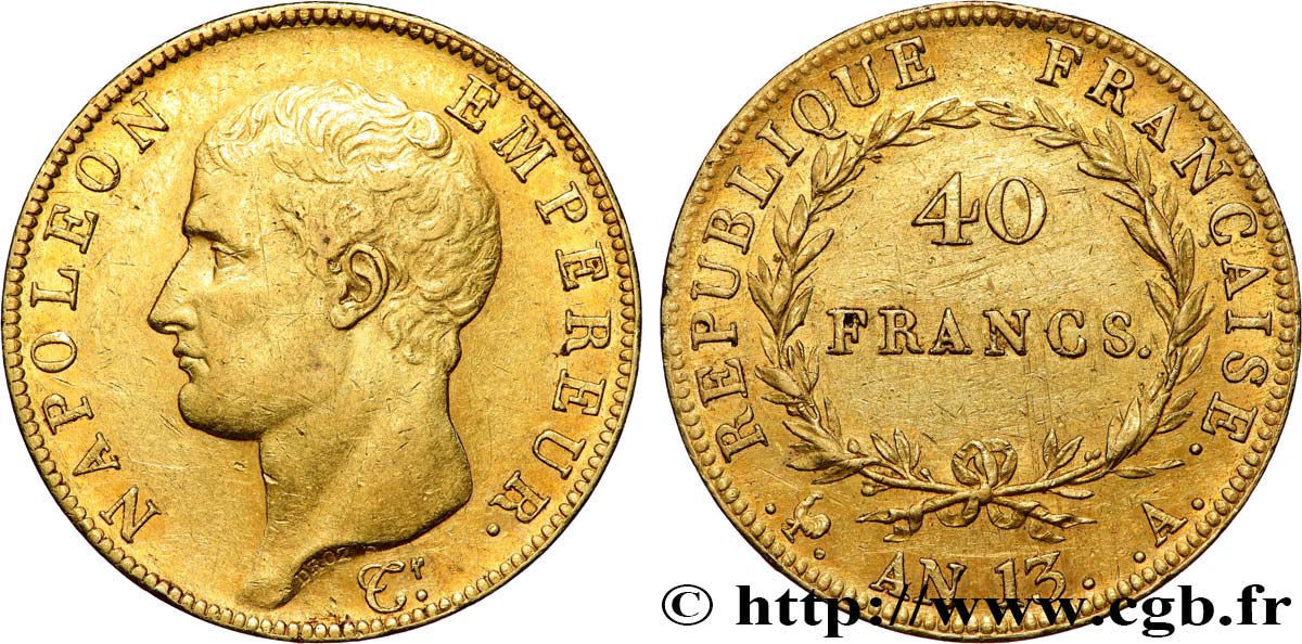 40 francs or Napoléon tête nue, Calendrier révolutionnaire 1805 Paris F.537/1 XF 