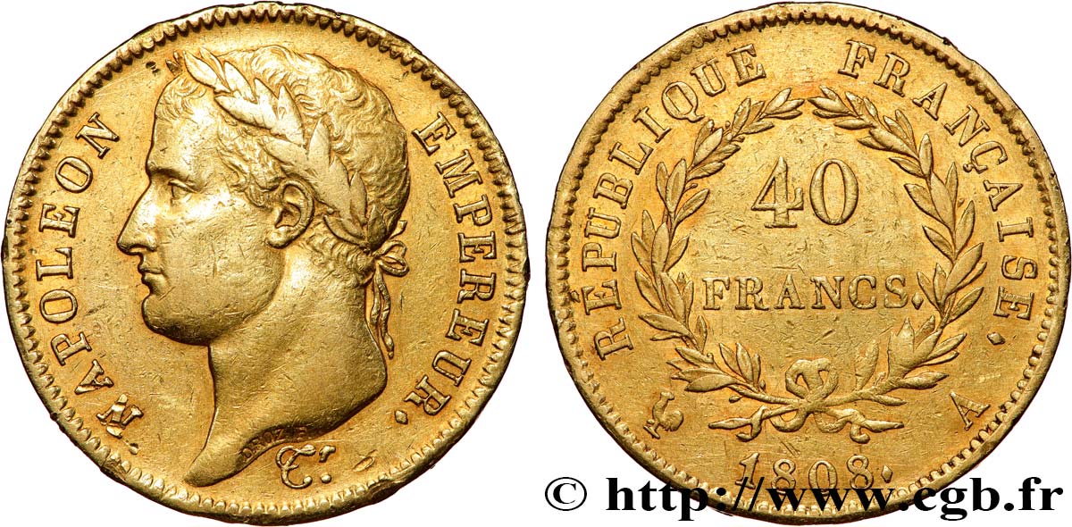 40 francs or Napoléon Ier tête laurée, République française 1808 Paris F.540/2 SS 